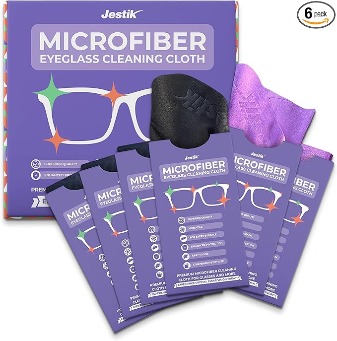 Jestik Microfiber Cleaning Cloth - Japanese Lens Wipes for Eyeglasses, Camera Lenses, Screens & More - Versatile Glasses Cleaner Cloths, Lint-Free, Washable (Black/Purple - Pack of 6)