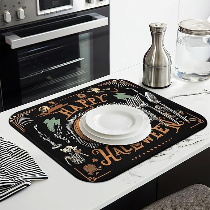 Halloween Dish Drying Mat for Kitchen Counter,Vintage Halloween Pumpkin Skull Ghost Pattern Microfiber Drying Mat,Washable Absorbent Countertop Holiday Dish Mat Drain Pad,16x18Inch