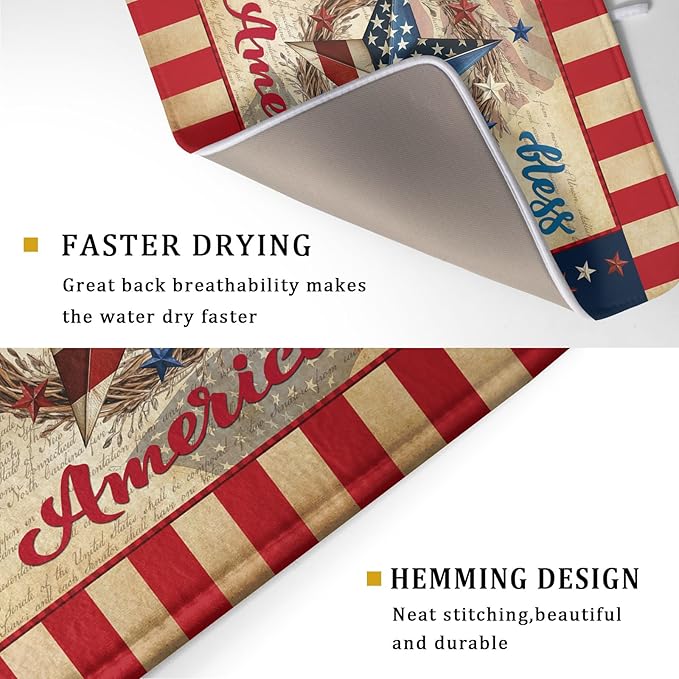 4th of July God Bless Dish Drying Mat for Kitchen Counter,American Flag Star Patriotic Independence Day Drying Mat 18 x 24 Inch with Absorbent Reversible Microfiber Drying Pad for Coffee Bar