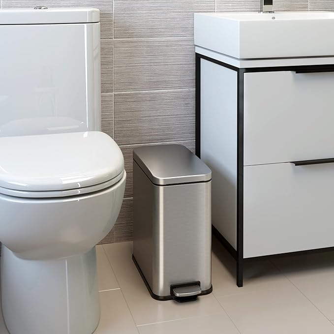 iTouchless 3 Gallon Slim Bathroom Trash Can with Lid & Odor Control, Soft-Step Stainless Steel Pedal Bin for Narrow Space, Fingerprint-Proof Wastebasket for Office, Nursery, Under Sink, Brushed Silver