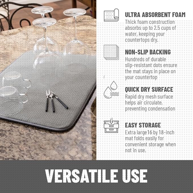 Bellemain XXL Dish Mat Microfiber Dish Drying Mat, Super absorbent (Grey, 16" x 18")
