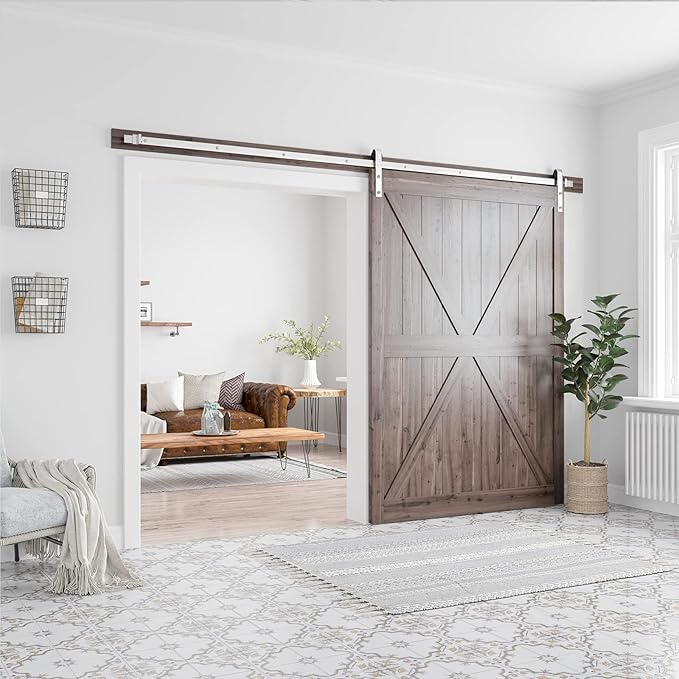 SMARTSTANDARD 10 Feet Brushed Nickel Barn Door Hardware Kit-Heavy Duty Sliding Track-Smoothly and Quietly-Easy to Install-Fit 60" Wide Door Panel (J Shape Hanger)