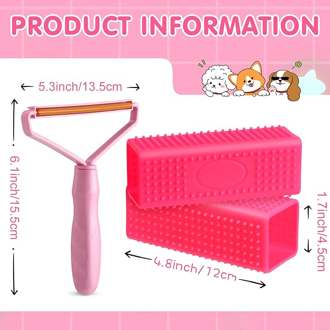 Honeydak 3 Pieces Hair Remover Tool Dog Hair Remover Pro Silicone Cleaner Brush Roller Fuzz Hairball Brush for Carpet Rake, Car Mat, Couch, Pet Bed, Clothes(Pink)