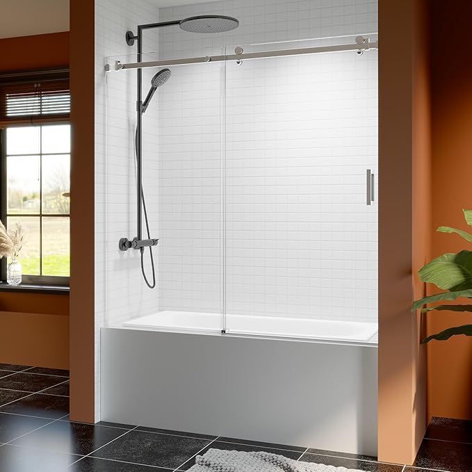 56-60 Inch Frameless Sliding Shower Door, 60" Height, 5/16" (8mm) Clear Tempered Glass Bathtub Door, Smooth Gliding Track & Anti-Jumping System, Stainless Steel Chrome Finish
