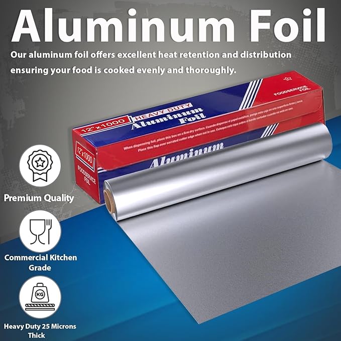 12" x 1000" (4 Pack) Standard Aluminum Foil Roll - Food Service Aluminum Roll - Commercial Grade Disposable Foil Roll for Food Service Industry and Home Use