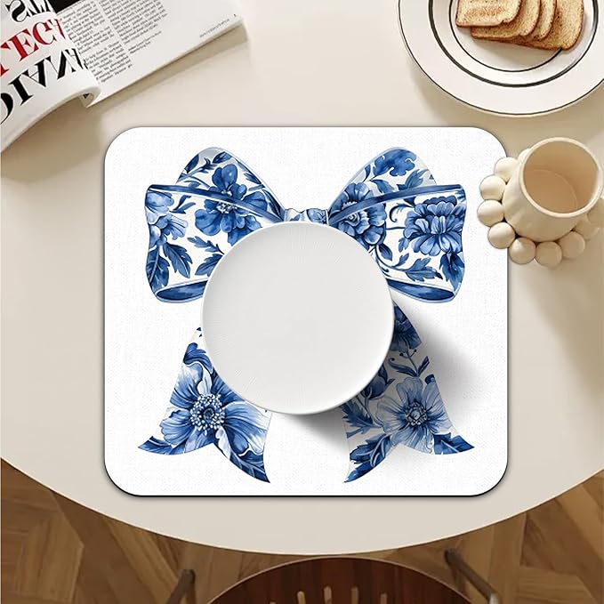 Chinoiserie Bow Dish Drying Mat - Blue And White Porcelain Dish Drying Mat,Chinoiserie Floral Drying Mat For Kitchen Counter,Coffee Bar Mat,Vintage Chinoiserie Drying Mat,16x17.5 Inch
