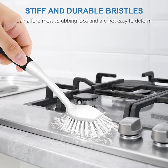 SetSail Dish Brush with Handle, 3 Pack Stiff Bristles Dish Scrubber with Built-in Scraper Dish Scrub Brushes for Cleaning Dishes, Pots and Pans, Kitchen Sink, 3 Pack, Black White