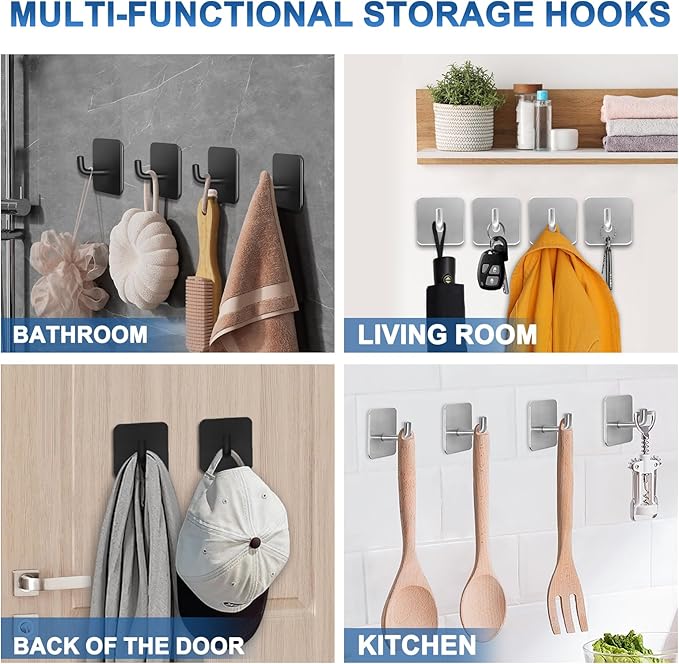 Adhesive Hooks for Bathrooms, 4 Piece Towel Hooks for Hanging Hat Robe Coat, Stick on Hooks for Kitchens, Strong Self-Adhesive No Damage Waterproof Stainless Steel Sticky Hook (Black)