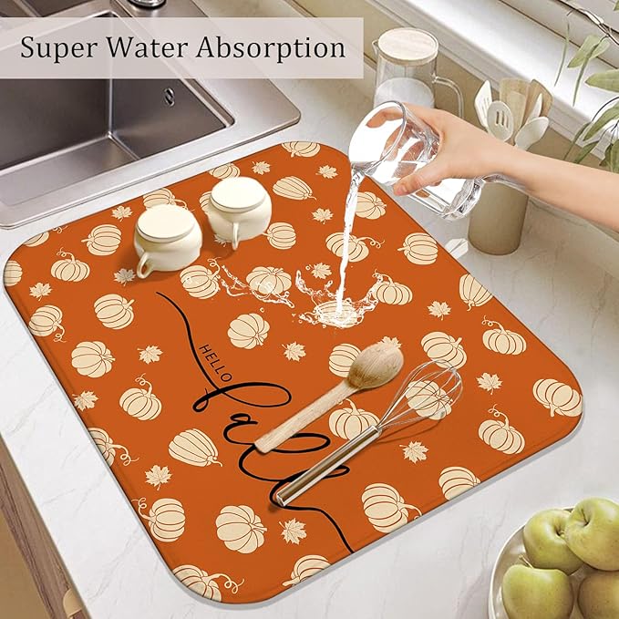 Fall Dish Drying Mat for Kitchen Counter,Orange Autumn Pumpkin Maple Leaf Pattern Microfiber Drying Mat,Washable Absorbent Countertop Harvest Thanksgiving Dish Mat Drain Mat,16x18 Inch