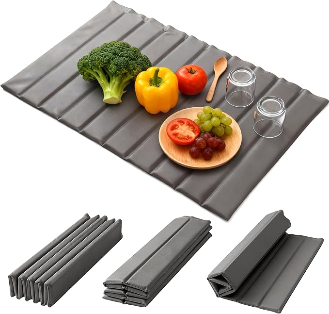 Large Stone Dish Drying Mat for Kitchen Counter, Quick-Dry Diatomaceous Earth Mat with PU Cover & Waterproof Bottom, Foldable Absorbent Drying Stone for Dishes, Cups and Bottles(25.2'' × 16.1'')