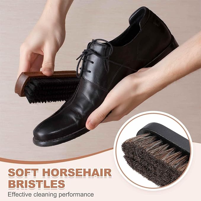 HARFINGTON Shoe Cleaning Brush 5"x2" Beech Wood Horsehair Boot Polish Brushes for Leather Shoes Boots Cloth Cleaner, Brown Black
