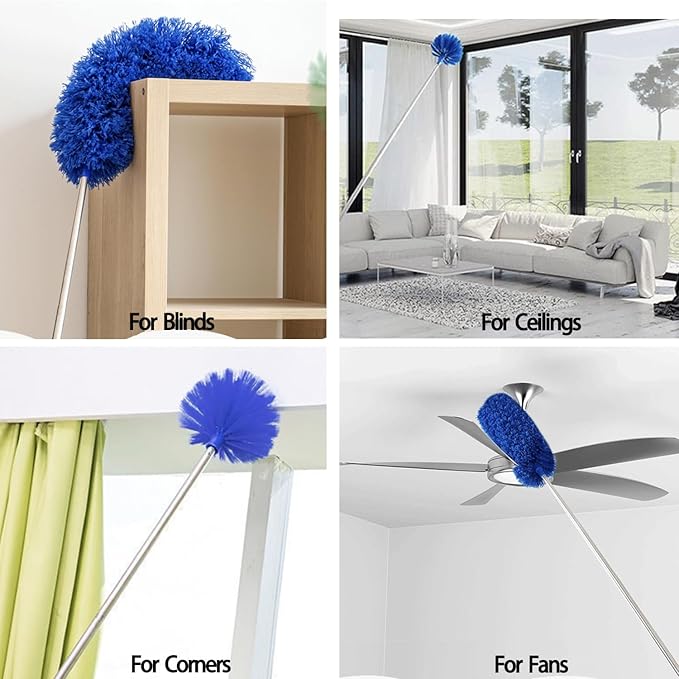 Cobweb Duster with Extension Pole, Ceiling Cob Web Cleaner Kit with 2 Duster Heads, 15-100 Inch Telescopic Microfiber Cleaning Duster, Long Corner Duster Tool for High Walls, Fans, Blinds Blue