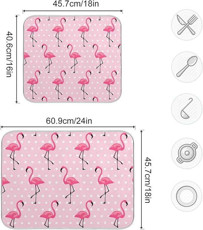 Tarity Cute Pink Flamingo Dish Drying Mat for Kitchen Counter Absorbent Heat Resistant Microfiber Dishes Drainer Mat 16x18 in Dish Pad Sink Mat Protective Pad Kitchen Decor