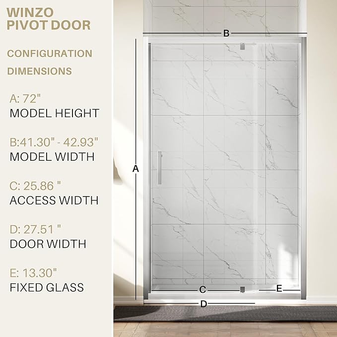 WinZo 41-42" W ×72" H Pivot Shower Door, 1/4"(6mm) SGCC Clear Tempered Glass Shower Door with Explosion Film, Nano Easy-Clean Coating, Reversible Installation, Brushed Nickel