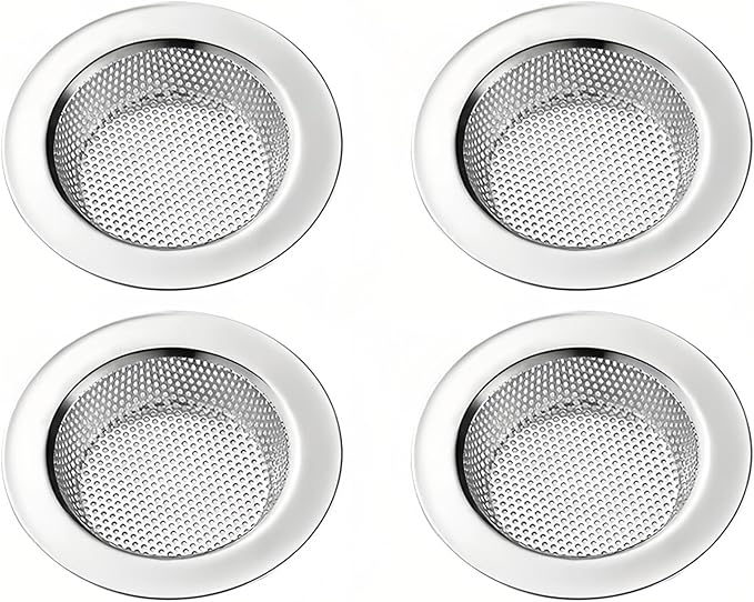 4 Pack Kitchen Sink Strainer. Outer Diameter 4.35 inch, Inner Filter Diameter 2.8 inch, 1 inch Depth. Stainless Steel Sink Drain Basket. Double-Layer Edge Safe Design, Sink Food Catcher