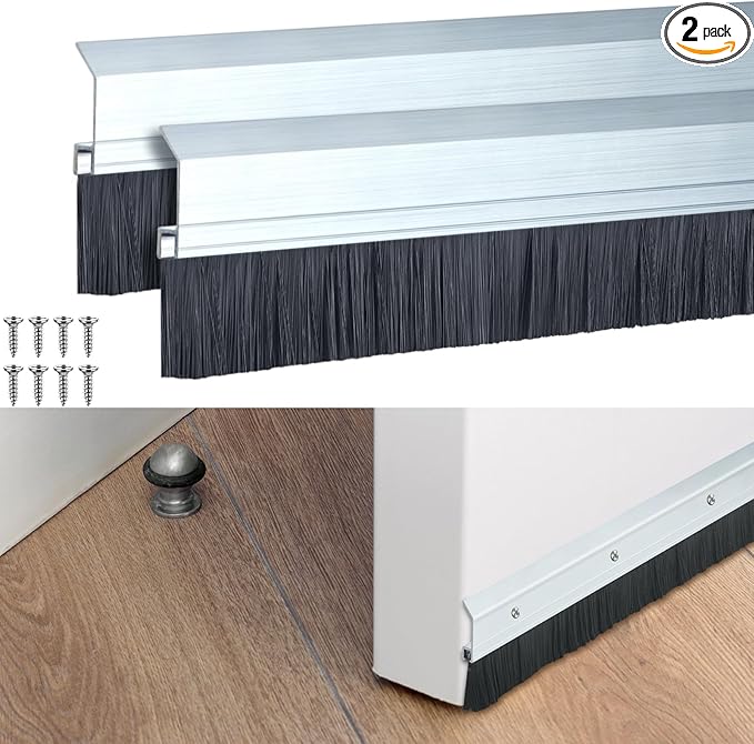 Hushee 2 Pack 48 Inches Brush Door Sweep for Exterior, Aluminum Commercial Door Sweep Bottom All-Season Alloy Brush for Exterior and Interior Sealing Gaps Keeps Cold Air, Dust Out (Sliver)