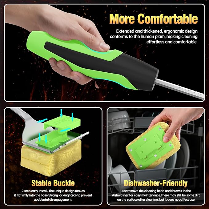 Grill Brush Bristle Free for Outdoor Grill, Steam Grill Cleaning Brush Replaceable BBQ Cleaner Brush Head,Extended Handle, Safe Grill Brush with Scraper for Cast Iron Stainless-Steel Grates