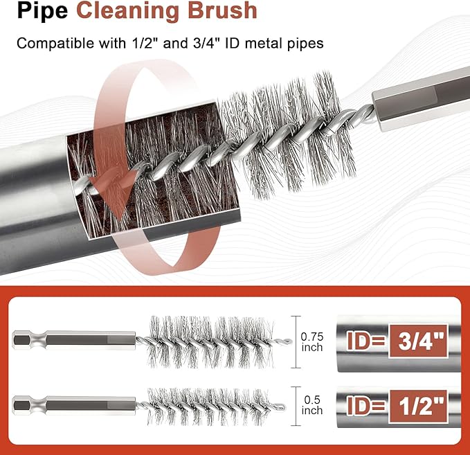 1/2" & 3/4" Copper Pipe Cleaner Set for Drill, with 1/4" Hex Shank & 6 Brush Blades & 2 Pipe Cleaning Brush, Plumbing Tools for Removing Rust, Stains & Paint from Copper & Metal Pipes, Orange