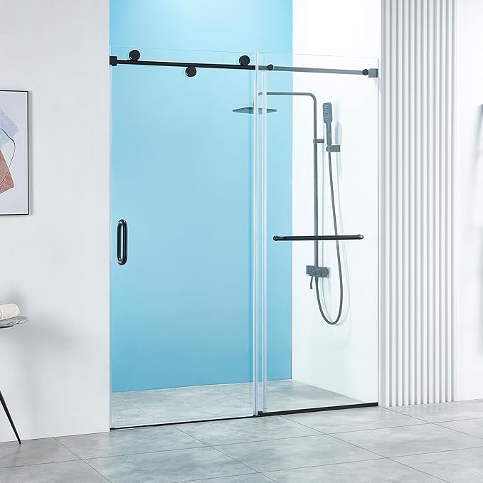 56-60" W x 76" H Frameless Sliding Shower Door, Frameless Shower Door, Shower Glass Door with 5/16" (8mm) Clear SGCC Tempered Glass, Stainless Steel Hardware O01 (Matte Black 60" W x 76" H)