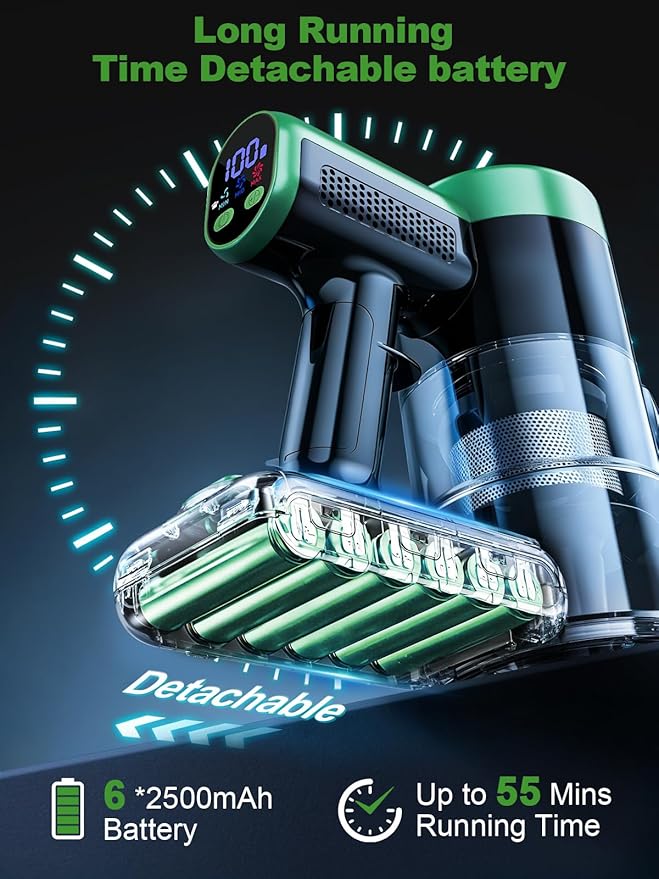 Cordless Vacuum Cleaner, 58Kpa Vacuum Cleaners for Home, 55Mins Stick Vacuum with Self-Standing & LED Display, Anti-Tangle & Wall Mount Charging (Green)