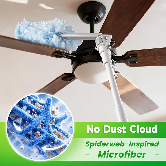 Feather Duster Kit (1 Duster + 4 Refills), 3.6 ft Extendable Telescopic Handle – Ceiling Fan Duster for Blinds, Furniture & Home Dusting