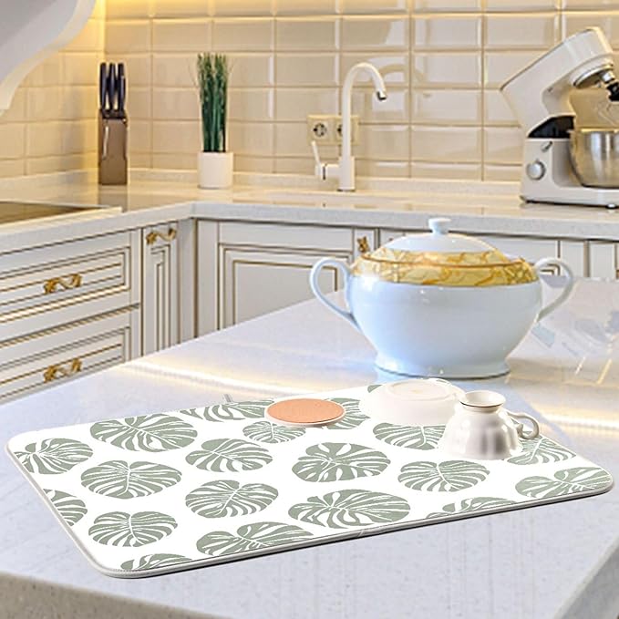 Green Palm Monstera Leaves Dish Drying Mat for Kitchen Counter Absorbent Microfiber Drying Pad, Medium 16x18 in