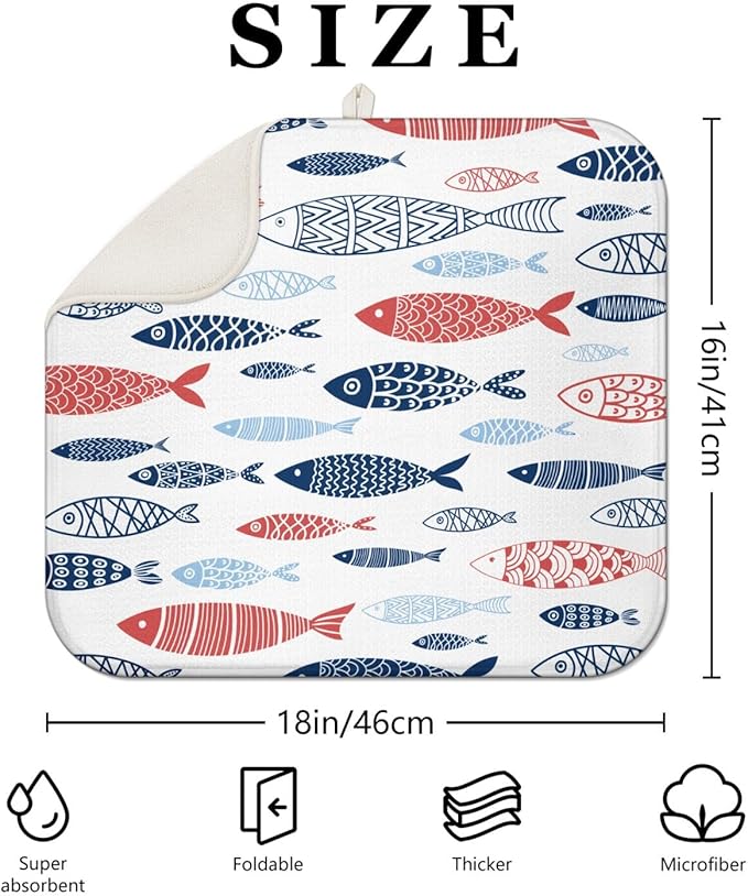 Fish Dish Drying Mat for Kitchen Countertops, Japanese Fish Pattern Microfiber Drying Mat, Washable and Absorbent Farmhouse Style Countertop Dish Drainer, 16x18 Inch