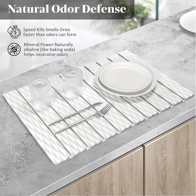 Stone Dish Drying Mat for Kitchen Counter, 24"(L)×16" (W) Large Foldable Absorbent Diatomaceous Earth Dish Drying Mat, Kitchen Counter Mats for Dishes Bottles Cups, Match Any Countertop - Wave Pattern