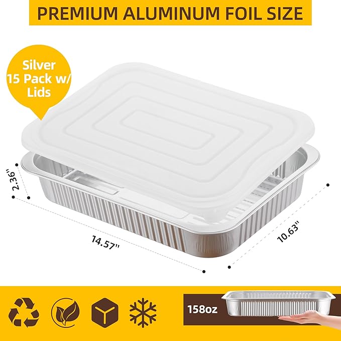 Aluminum Foil Pan with Lids, Heavy Duty Disposable Aluminum Baking Pans, 14.57"×10.63" Steam Table Pans for Cooking, Heating, Storing, Prepping Roasting and Chafing (15 Pack Silver w/Lids)