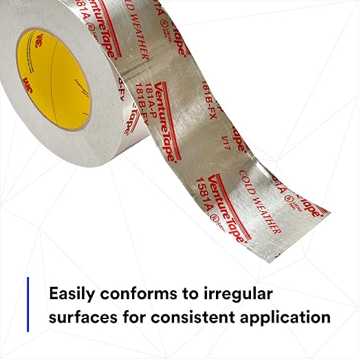 3M Venture Tape UL181A-P Aluminum Foil Tape 1581A, Rigid and Flexible Duct Seaming, Durable, Cold Weather Adhesion, 3.89 in x 60 yd, 2 mil