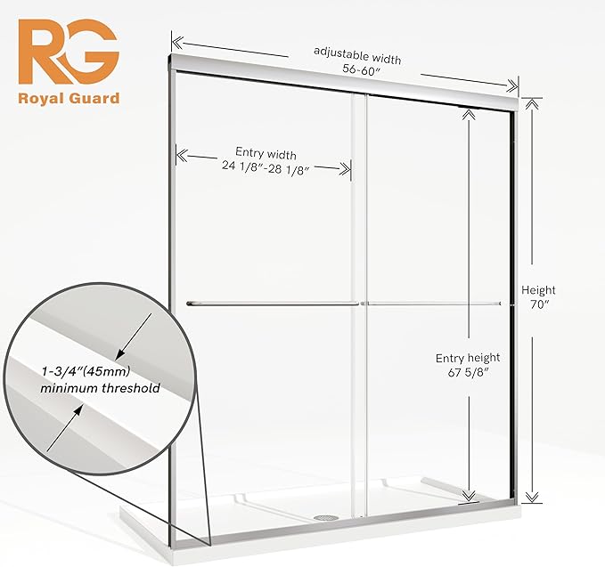 Sliding Shower Door,Royal Guard 56-60" W x 70" H Semi-Frameless Double Sliding Glass Shower Door with 1/4'' (6mm) Clear SGCC Tempered Glass,Bypass Shower Door,Chrome Finish