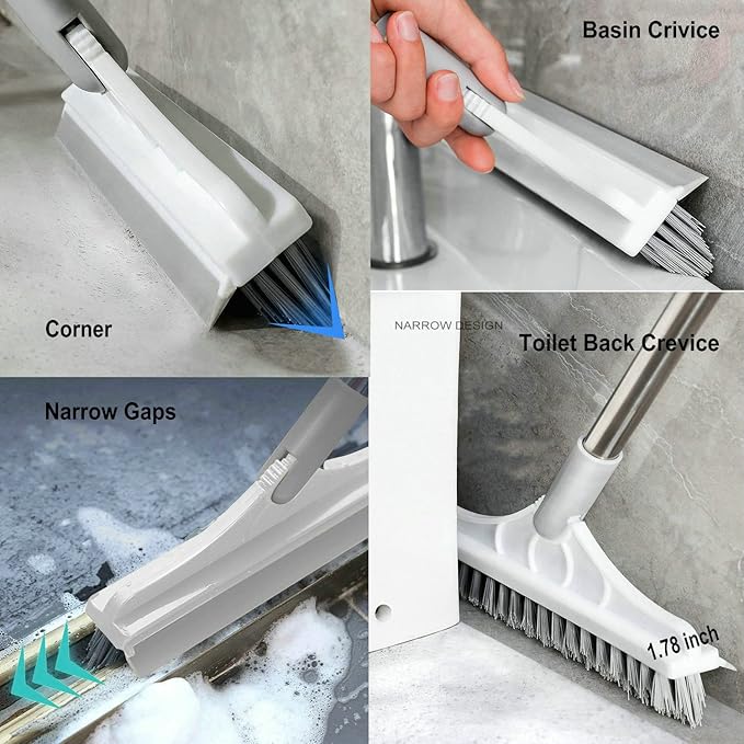 2 in 1 Floor Scrub Brush with V-Shape Stiff PVC Bristles, Stainless Steel Handle, Silver, 9x1.78x15.7 inches, 1 Count