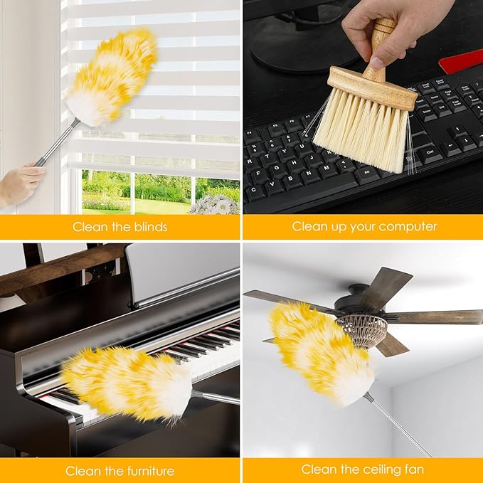 Lambswool Duster, 21"- 51" Extendable Feather Duster with 2 Brush, Long Feather Dusters for Cleaning Fans, Ceiling, Bookshelevs, for Home & Office