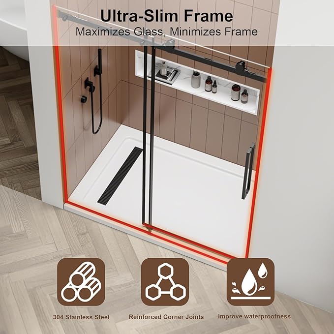 Luxury Soft-Closed Frameless Sliding Shower Door, 58–60” W x 76” H, 3/8" (10mm) Tempered Glass, Nano Coating, 304 Stainless Steel, Premium Quiet Close System - Matte Black