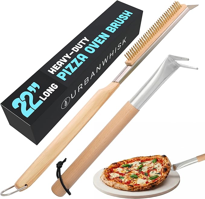 Urban Whisk 22" Pizza Oven Brush with Scraper & Turning Fork – Heat-Resistant Brass Bristles, Stainless Steel Scraper, Extra-Long Handle + Spare Head