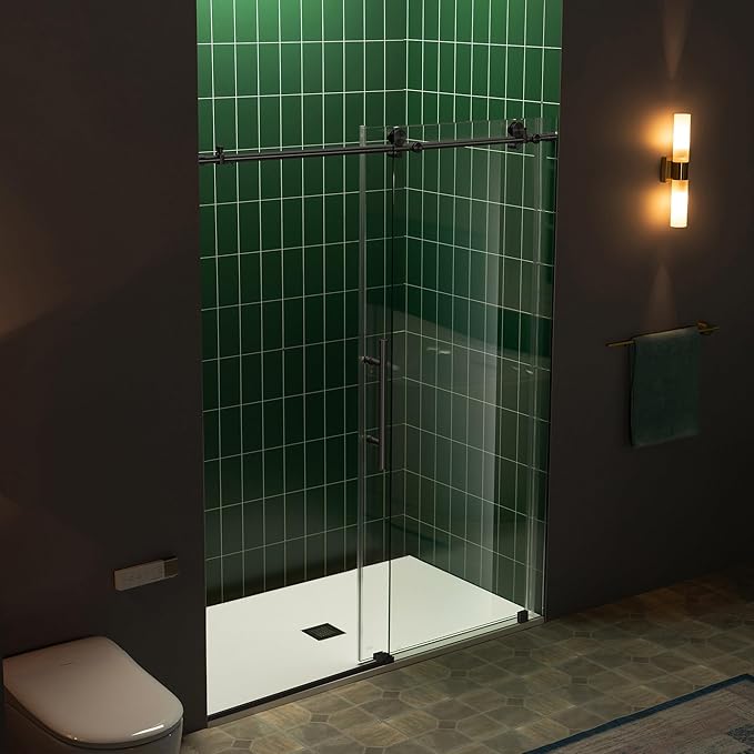 Woodbridge 57.5-60" W x 80" H Frameless Single Sliding Soft-Close Shower Door with Tempered Glass & Explosion Proof Film in Matte Black Finish