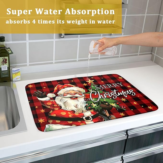 Merry Christmas Santa Claus Red Buffalo Plaid Dish Drying Mat for Kitchen Counter,Winter Snowflake Xmas Tree Drying Mat 18 x 24 Inch with Absorbent Reversible Microfiber Dish Drying Pad for Coffee Bar