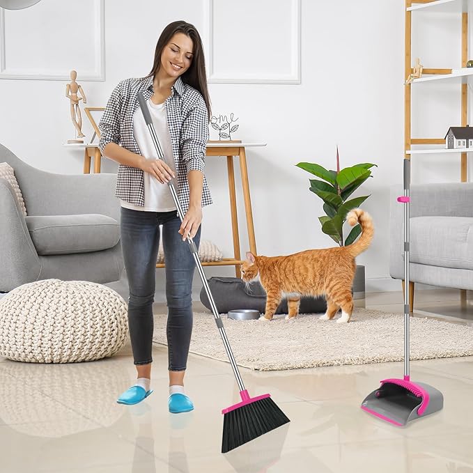 NACENA Broom and Dustpan Set, 52-in Long Adjustable Handle Broom Dustpan Combo with Dustpan Teeth to Automatically Clean Hair Suitable for Home Kitchen Office Hall Floor（Grey&Rose）