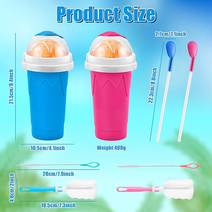 2 Pack Slushy Cup with Cleaning Brush Set - DIY Quick Freeze Squeeze Cup with Lid, Straw Spoon, Slushie Maker for Milk Juice Smoothies, Summer Gift for Kids Family Friends (Blue+Pink)