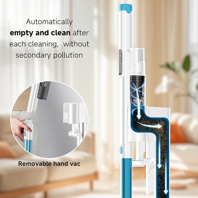 Cordless Stick Vacuum Cleaner with Auto Empty System Self-Charging Base, Powerful Suction for Pet Hair on Carpet & Hardfloor, Lightweight Anti-Tangled Handheld Vacuum, HEPA Filtration, Blue