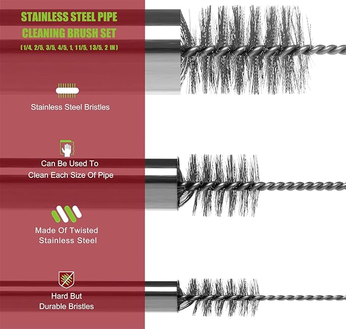 16 Inch Extra Long Pipe Cleaning Brush Set Stainless Steel Bristles, Stainless Steel Pipe Brush Steel Bottle Brush 8 Piece Variety Pack for Auto Parts, Bottles,Tubes, Etc.