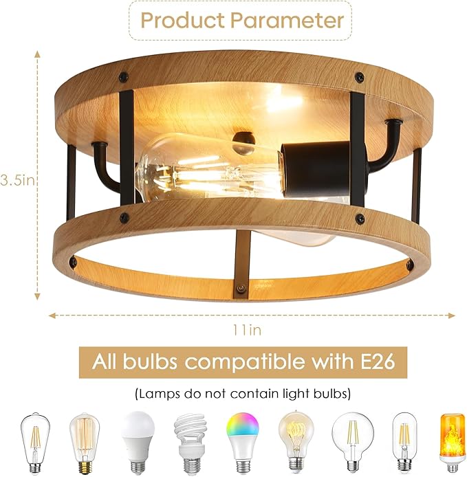 2-Light Industrial Flush Mount Ceiling Light Fixture, Wood Finish Farmhouse Ceiling Light Fixture,Modern Flush Mount Light Fixture for Kitchen Bedroom Living Room Hallway 1 Pack