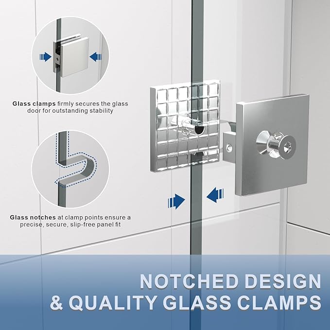 36" W ×80" H Shower Glass Panel, Frameless Fixed Glass Shower Panel with Clamps, 3/8" (10mm) Thick Clear Certified Tempered Shower Door, Bathroom Shower Screen in Bright Chrome UKH07B2-36X80-CH