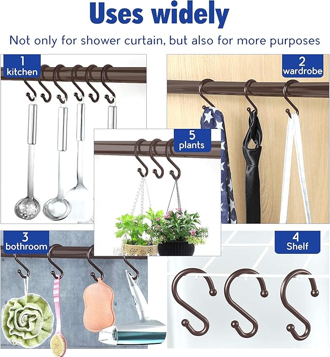Metal Shower Curtain Hooks，Set of 12 Rings，Rust Resistant S Shaped Hooks Hangers for Shower Curtains, Kitchen Utensils, Clothing, Towels, etc. (Bronze)