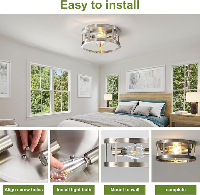2-Light Industrial Flush Mount Ceiling Light Fixture,Brushed Nickel Farmhouse Ceiling Light Fixture,Modern Light Fixtures Ceiling Mount for Kitchen Bedroom Living Room Hallway 1 Pack