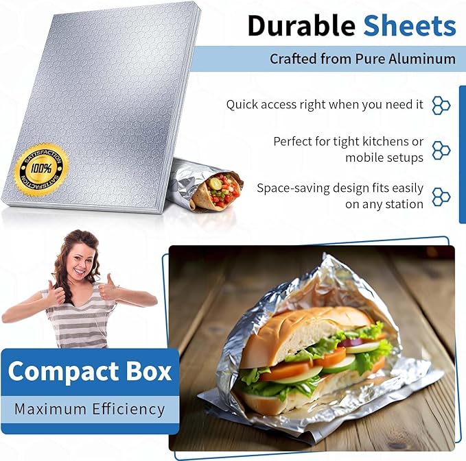 ANGEL’S PEEL LOUNGE Heavy Duty Aluminum Foil Sheets — Heat Retaining Tinfoil Sheets For Burritos, Sandwiches, Burgers, Hot Dogs, Precut Grease-Resistant Wrapping Paper For Food, 14inx16in 100 -PCS