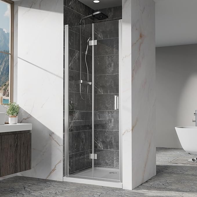 Frameless Bi-Fold Shower Door 32" W x 72" H, 1/4" Clear Tempered Glass, Folding Swing Design, Reversible Installation, Chrome Finish, Space-Saving Glass Shower Door for Small Bathrooms