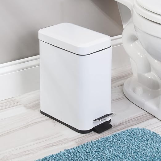 mDesign Metal Freestanding Slim Toilet Bowl Brush and Holder + Rectangle Narrow 5 Liter / 1.3 Gallon Step Pedal Trash Can Wastebasket for Bathroom - Small, Compact Design - Set of 2 - White