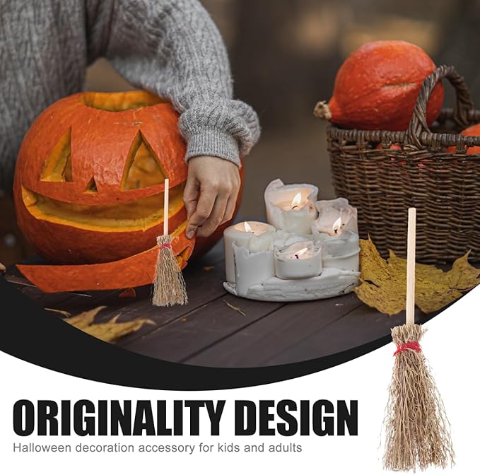 EXCEART Mini Broom Witch Accessory 3.74 Inch Straw Broomstick with Red Hanging Rope for Halloween Party Decoration and Costume Prop