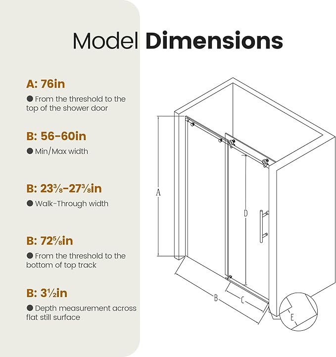 56-60" W x 76" H Frameless Sliding Shower Door, Stainless Steel Round Tube Bathroom Single Sliding Glass Doors with 1/4''(6mm) SGCC Clear Tempered Glass, Reversible Installation, Matte Black